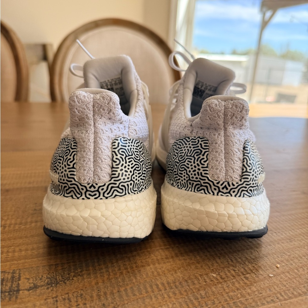 adidas White Knit Ultra Boost Sneakers with Black Patterned Heel - Picture 8 of 8